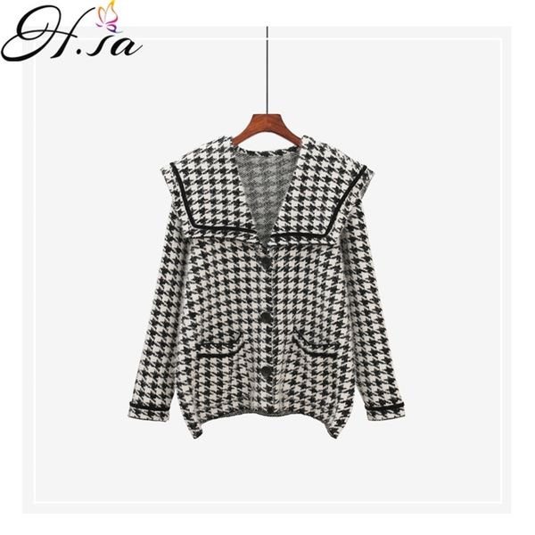 h.sa women spring houndstooth black white retro sweater and cardigans turn down collars big pocket loose knit jacket 210417, White;black
h.sa women spring houndstooth black white retro sweater and cardigans turn down collars big pocket loose knit jacket 210417, White;black