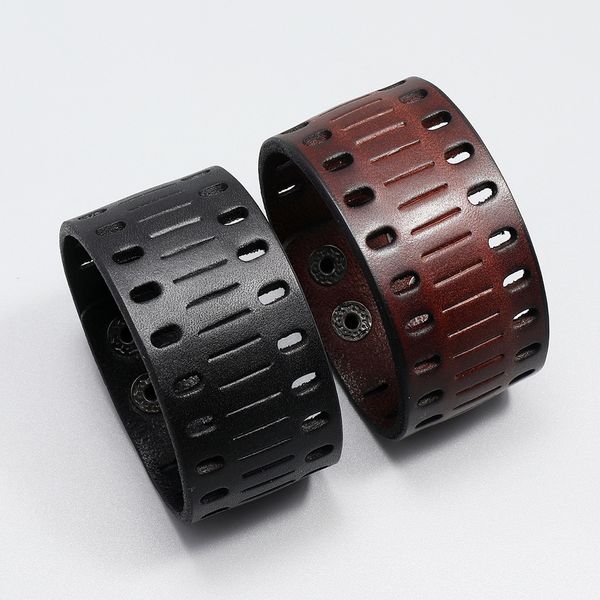 personalized retro wide leather chain punk style simple hollow out men's bracelet, Black 
personalized retro wide leather chain punk style simple hollow out men's bracelet, Black