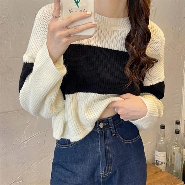 women's sweaters black and white contrast color cropped pullover sweater retro japanese style knitwear early autumn korean kio, White;black
women's sweaters black and white contrast color cropped pullover sweater retro japanese style knitwear early autumn korean kio, White;black
