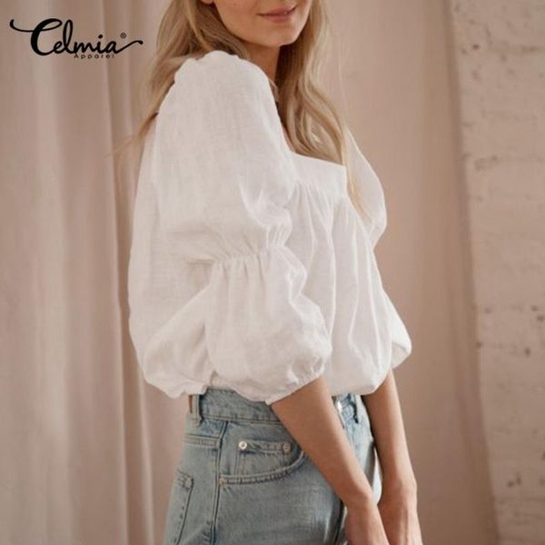 women's blouses & shirts fashion celmia women square collar stylish puff sleeve tunic female summer casual solid knotted femininas, White
women's blouses & shirts fashion celmia women square collar stylish puff sleeve tunic female summer casual solid knotted femininas, White