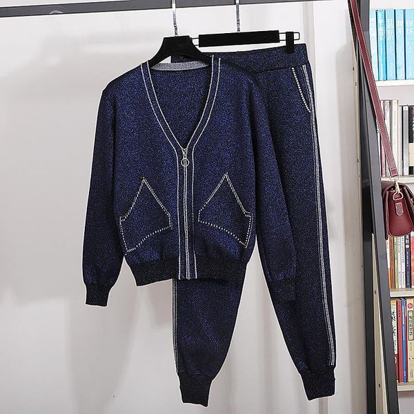 women's two piece pants vintage navy blue knitted tracksuits set women loose casual bright silk v-neck cardigan sweater pencil suit out, White
women's two piece pants vintage navy blue knitted tracksuits set women loose casual bright silk v-neck cardigan sweater pencil suit out, White
