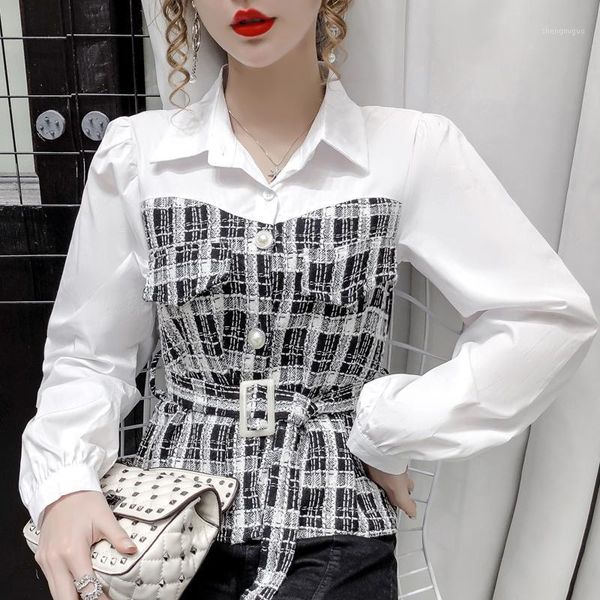 women's blouses & shirts stitching color plaid bandage fake two all-match thin buttoned blouse, White
women's blouses & shirts stitching color plaid bandage fake two all-match thin buttoned blouse, White