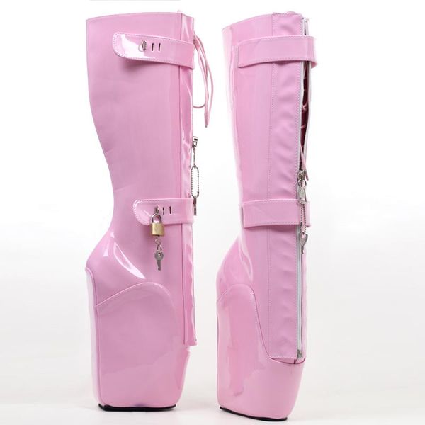 women boots 18cm high wedge heel heelless sole lockable zipper padlocks knee-high ballet shoes, Black
women boots 18cm high wedge heel heelless sole lockable zipper padlocks knee-high ballet shoes, Black