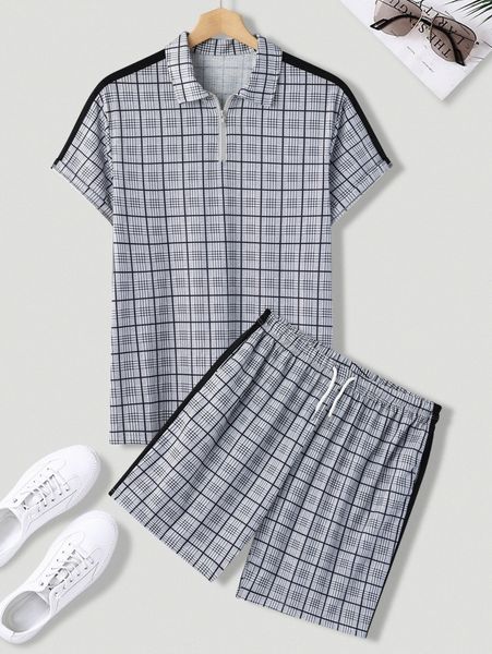 men plaid polo shirt & drawstring waist shorts e4hw#, Gray
men plaid polo shirt & drawstring waist shorts e4hw#, Gray