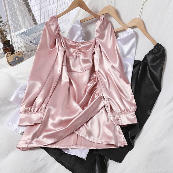 square collar satin mini party dress women elegant long sleeve high waist irregular pink/black/white vestidos spring autumn, Black;gray
square collar satin mini party dress women elegant long sleeve high waist irregular pink/black/white vestidos spring autumn, Black;gray
