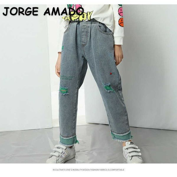 wholesale spring teenagers girls jeans solid color elastic waist tapered hole leisure kids pants e332 210610, Blue
wholesale spring teenagers girls jeans solid color elastic waist tapered hole leisure kids pants e332 210610, Blue