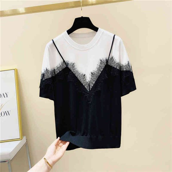 lace patchwork color matching fake two-piece short fiber t-shirt female summer loose o neck ageing t-shirt 210421, White
lace patchwork color matching fake two-piece short fiber t-shirt female summer loose o neck ageing t-shirt 210421, White