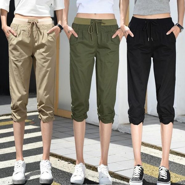 elastic waist summer womens pant plus size casual solid color calf length, Black;white
elastic waist summer womens pant plus size casual solid color calf length, Black;white