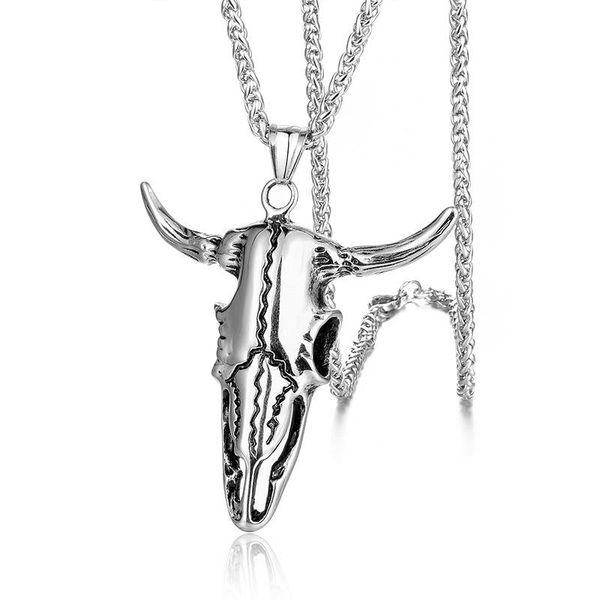 punk stainless steel bull head skull pendant necklaces for men rock jewelry drop, Silver 
punk stainless steel bull head skull pendant necklaces for men rock jewelry drop, Silver