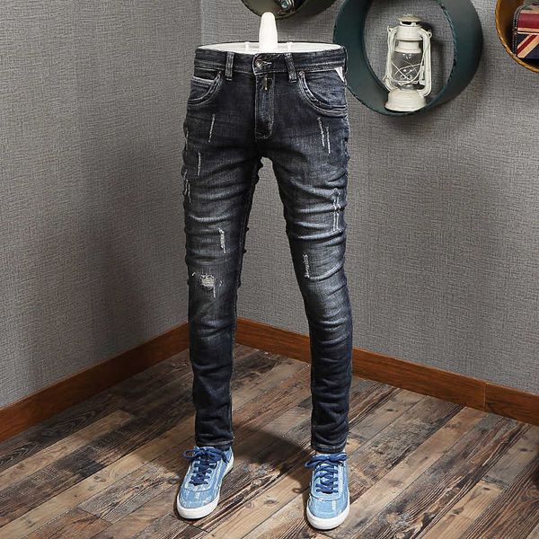 men's jeans italian vintage fashion retro black blue elastic slim fit ripped for destroyed denim punk pants 6t24
men's jeans italian vintage fashion retro black blue elastic slim fit ripped for destroyed denim punk pants 6t24