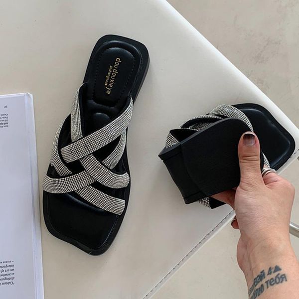 rhinestone straps slippers cross style female foldable fashion dress slides square toe summer shoes women slip on flip flops, Black
rhinestone straps slippers cross style female foldable fashion dress slides square toe summer shoes women slip on flip flops, Black