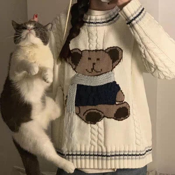 sweater women fall and winter wear lazy style bear pullover embroidery student cute women's sweaters, White;black
sweater women fall and winter wear lazy style bear pullover embroidery student cute women's sweaters, White;black