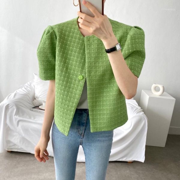 women's jackets women jacket 2021 summer korean chic ladies gentle temperament concealed button loose puff sleeve textured short coats, Black;brown
women's jackets women jacket 2021 summer korean chic ladies gentle temperament concealed button loose puff sleeve textured short coats, Black;brown