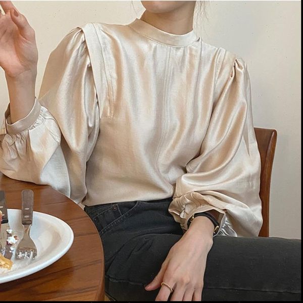 women shirts autumn spring lantern sleeve stand collar office lady work blouse solid vintage drop, White
women shirts autumn spring lantern sleeve stand collar office lady work blouse solid vintage drop, White