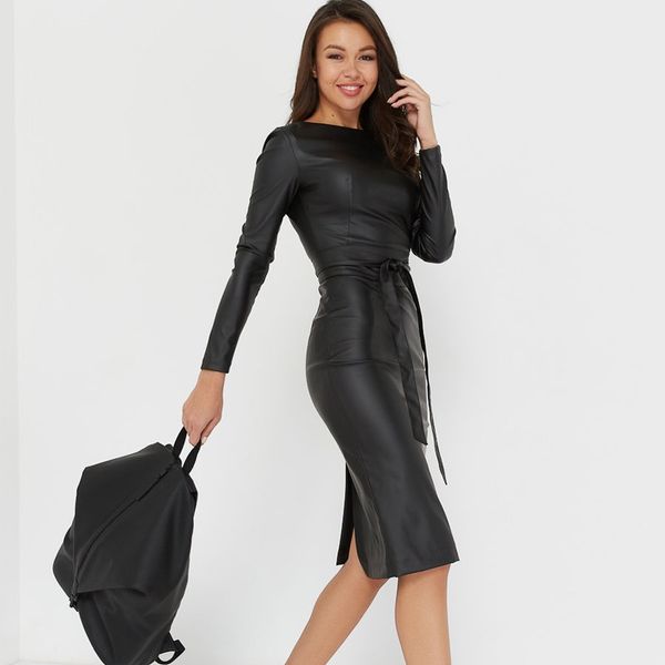 women elegant matt pu leather pencil dress vintage sashes o neck long sleeve solid warm slim dress bodycon party holiday dress, Black;gray
women elegant matt pu leather pencil dress vintage sashes o neck long sleeve solid warm slim dress bodycon party holiday dress, Black;gray