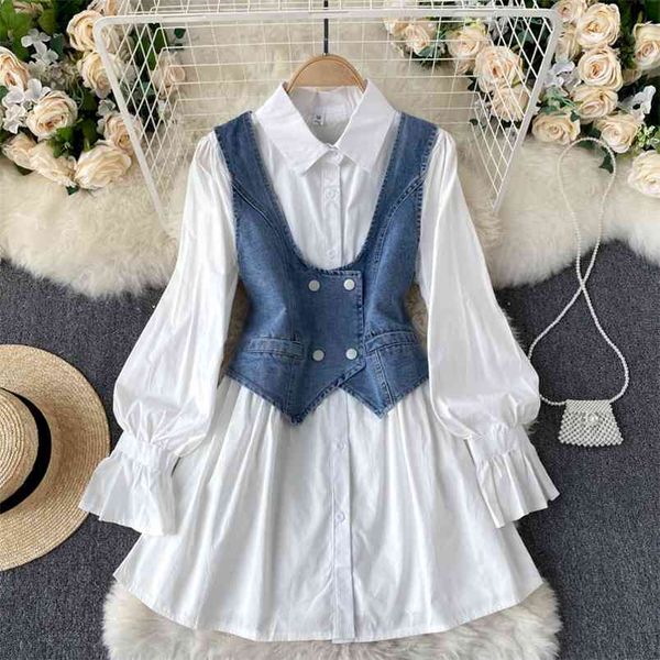 spring age reduction two-piece fashion suit lantern sleeve dress female wild short retro denim vest jacket c209 210506, White
spring age reduction two-piece fashion suit lantern sleeve dress female wild short retro denim vest jacket c209 210506, White
