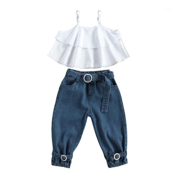 clothing sets toddler girls sweet summer clothes sets, spaghetti straps layered ruffle tank and denim long pants with belt, White
clothing sets toddler girls sweet summer clothes sets, spaghetti straps layered ruffle tank and denim long pants with belt, White