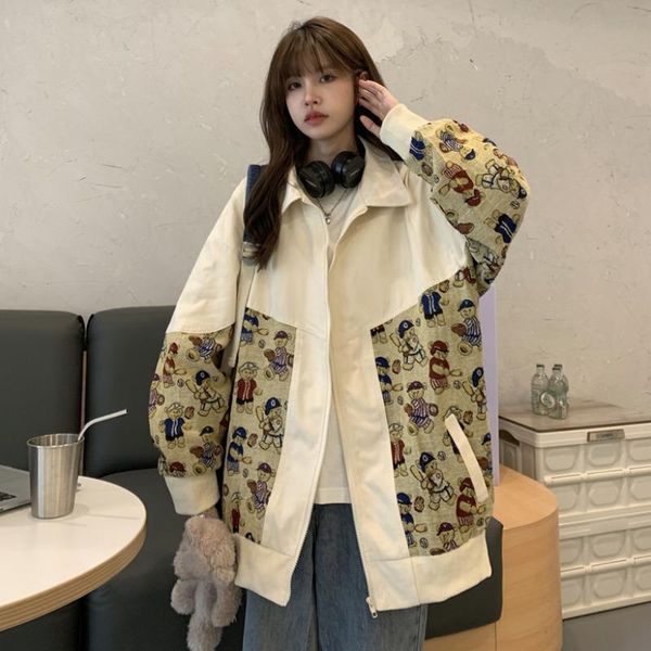 women's jackets spring autumn women zipper pockets print cartoon fashion loose vintage casual korean versatile female coat ins, Black;brown
women's jackets spring autumn women zipper pockets print cartoon fashion loose vintage casual korean versatile female coat ins, Black;brown