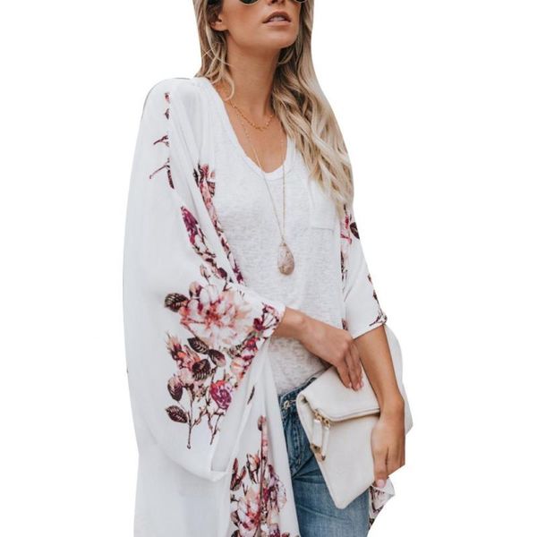 women's swimwear summer for girls beach flower print long sleeve open front chiffon kimono cardigan women clothes, White;black
women's swimwear summer for girls beach flower print long sleeve open front chiffon kimono cardigan women clothes, White;black