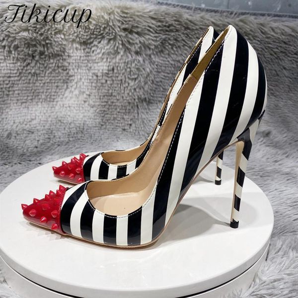 dress shoes tikicup red spikes poinry toe women striped print high heel party ladies slip on designer stiletto pumps customize, Black 
dress shoes tikicup red spikes poinry toe women striped print high heel party ladies slip on designer stiletto pumps customize, Black