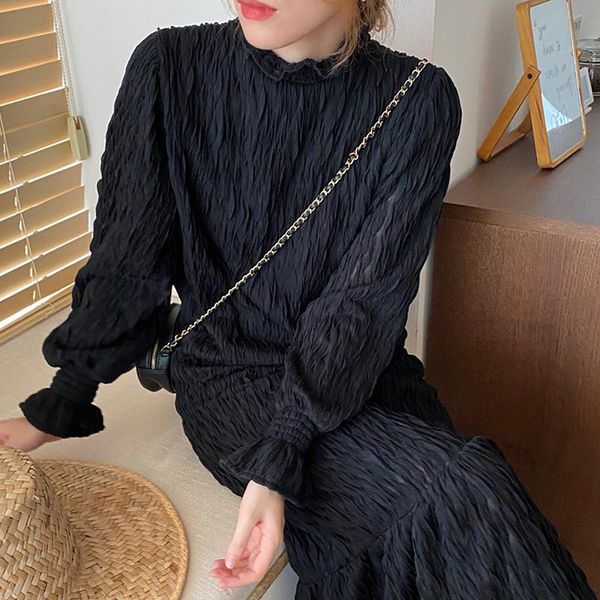 casual dresses women 2021 korean fashion elegant retro solid wood ear stand collar pleated design loose ruffled flared sleeve dress, Black;gray
casual dresses women 2021 korean fashion elegant retro solid wood ear stand collar pleated design loose ruffled flared sleeve dress, Black;gray