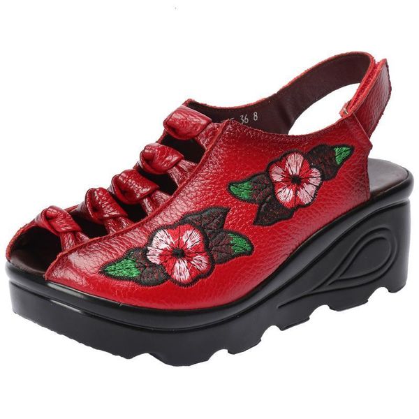 sandals summer genuine leather shoes women fashion retro embroidered hollow high heel wedgies yfda, Black