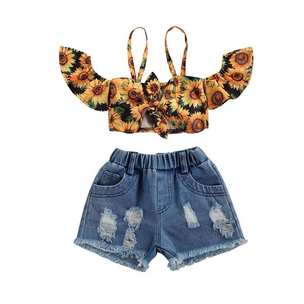 clothing sets 2021 girls kids summer outfit set sunflower print strappy off shoulder short sleeves t-shirt + ripped shorts 1-7 years, White
clothing sets 2021 girls kids summer outfit set sunflower print strappy off shoulder short sleeves t-shirt + ripped shorts 1-7 years, White