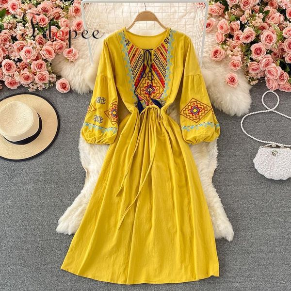 casual dresses dress women retro bohemian national style embroidery round neck long sleeve collect waist comforelegant, Black;gray