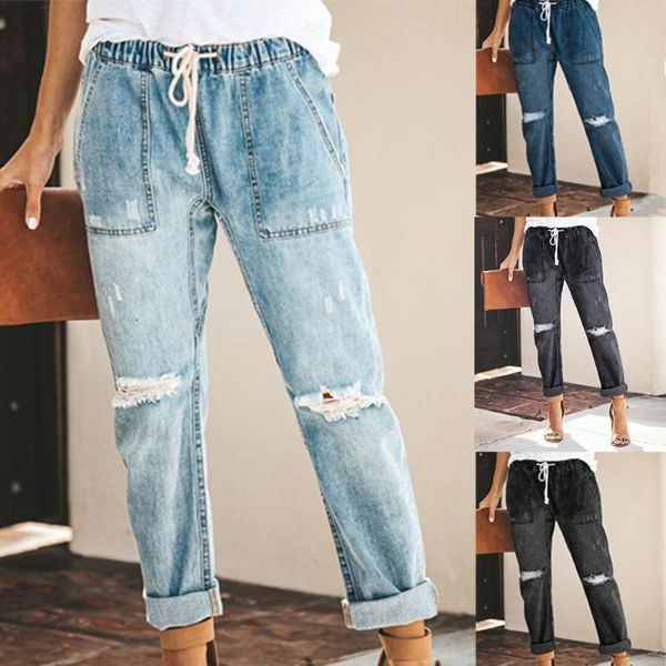 women's jeans vintage women distressed ripped denim drawstring elastic waist long pants, Blue
women's jeans vintage women distressed ripped denim drawstring elastic waist long pants, Blue