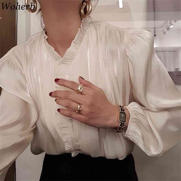 women casual blouse spring summer ruffle v-neck puff sleeve luster apricot shirts woman fashion korean chic blusas 210519, White
women casual blouse spring summer ruffle v-neck puff sleeve luster apricot shirts woman fashion korean chic blusas 210519, White