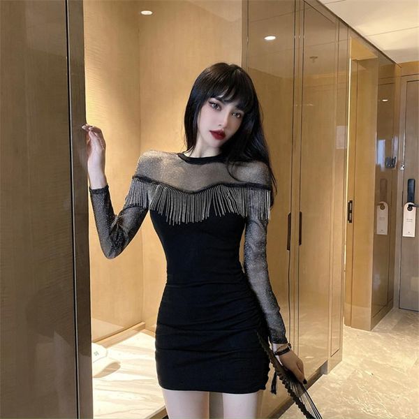 spring autumn bright silk long-sleeved round neck tassel black bag hip slim stitching dress women casual dresses, Black;gray
spring autumn bright silk long-sleeved round neck tassel black bag hip slim stitching dress women casual dresses, Black;gray