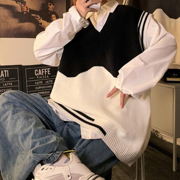 men's vests v-neck sweater vest men korean style splicing casual fashion loose hedging streetwear sleeveless knitted, Black;white
men's vests v-neck sweater vest men korean style splicing casual fashion loose hedging streetwear sleeveless knitted, Black;white