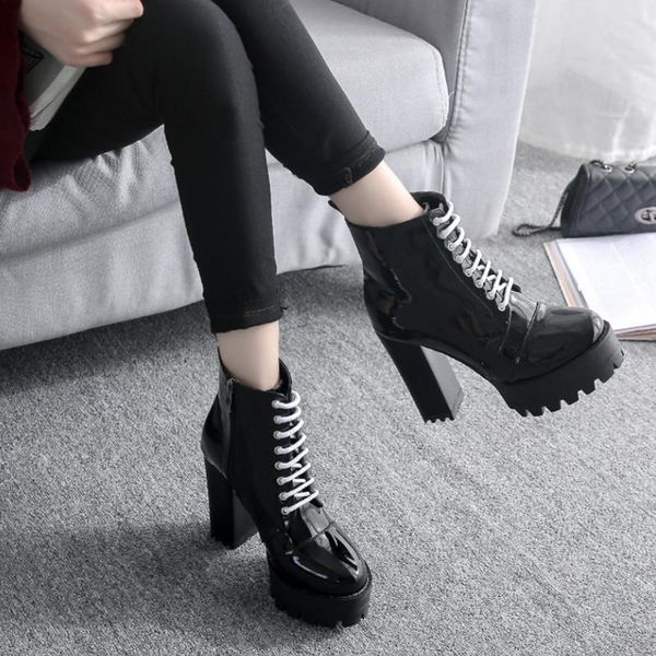 boots british autumn dance women's shoes 10cm high heel thick short waterproof platform bottom patent leather, Black
boots british autumn dance women's shoes 10cm high heel thick short waterproof platform bottom patent leather, Black