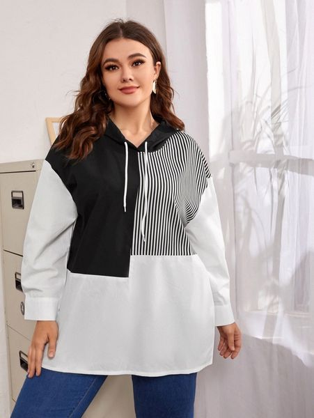 plus striped print drop shoulder colorblock drawstring hoodie w6vd#, Black
plus striped print drop shoulder colorblock drawstring hoodie w6vd#, Black