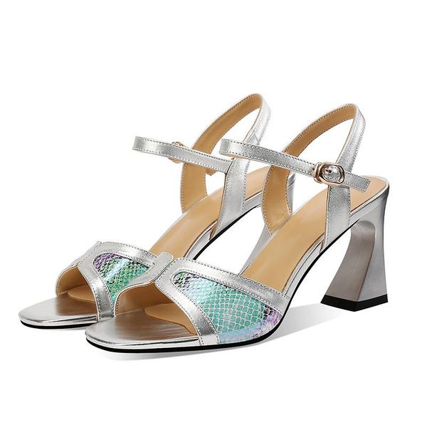 women's sandals 2021 summer wild high-heeled shoes with a word buckle genuine leather woman, Black