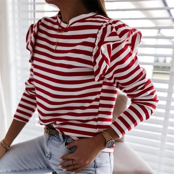 women's t-shirt spring autumn women basic t-shirts casual striped long sleeves ruffles shoulder wear female round collar pullover tee, White
women's t-shirt spring autumn women basic t-shirts casual striped long sleeves ruffles shoulder wear female round collar pullover tee, White