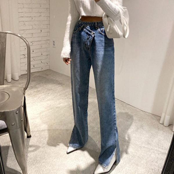 women's jeans 2021 casual asymmetric high waist straight for women side split denim blue trousers female long pantalon femme
women's jeans 2021 casual asymmetric high waist straight for women side split denim blue trousers female long pantalon femme