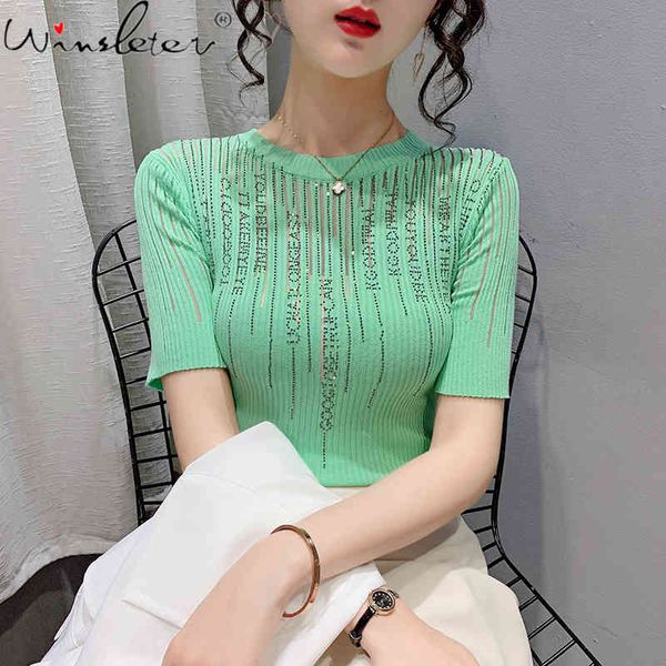 women's t-shirt summer korean clothes knit fashion shiny diamonds letter women short sleeve elastic slim tees 2021 t1340, White
women's t-shirt summer korean clothes knit fashion shiny diamonds letter women short sleeve elastic slim tees 2021 t1340, White