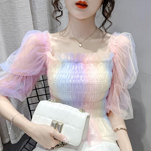 women's t-shirt summer sweet rainbow mesh chiffon shirt women fashion one shoulder square neck short small gradient, White
women's t-shirt summer sweet rainbow mesh chiffon shirt women fashion one shoulder square neck short small gradient, White