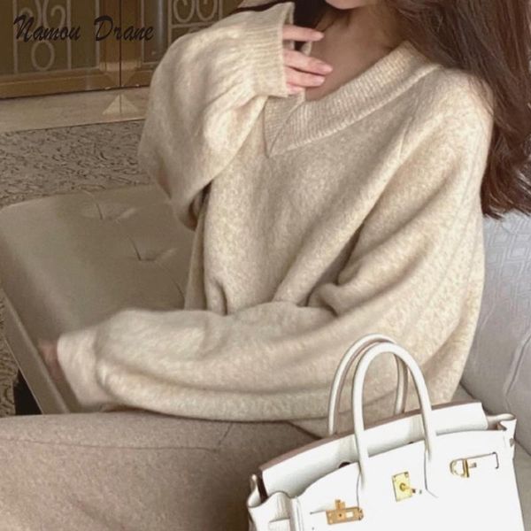 women's sweaters namou drane v-neck sweater women 2021 autumn and winter korean version loose lazy lantern sleeve pullover base, White;black 
women's sweaters namou drane v-neck sweater women 2021 autumn and winter korean version loose lazy lantern sleeve pullover base, White;black