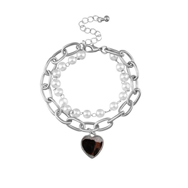 link, chain 2021 fashion bracelet for women double layers imitation pearl pulseiras metal heart hand gift girl, Black
link, chain 2021 fashion bracelet for women double layers imitation pearl pulseiras metal heart hand gift girl, Black