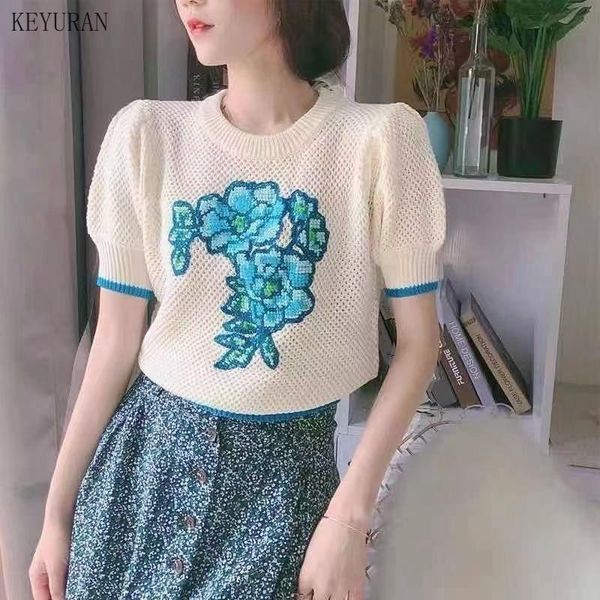 women's t-shirt 2021 summer o-neck puff sleeve knitted women fashion floral embroidery hollow out thin pullover sweater knit tee top, White
women's t-shirt 2021 summer o-neck puff sleeve knitted women fashion floral embroidery hollow out thin pullover sweater knit tee top, White