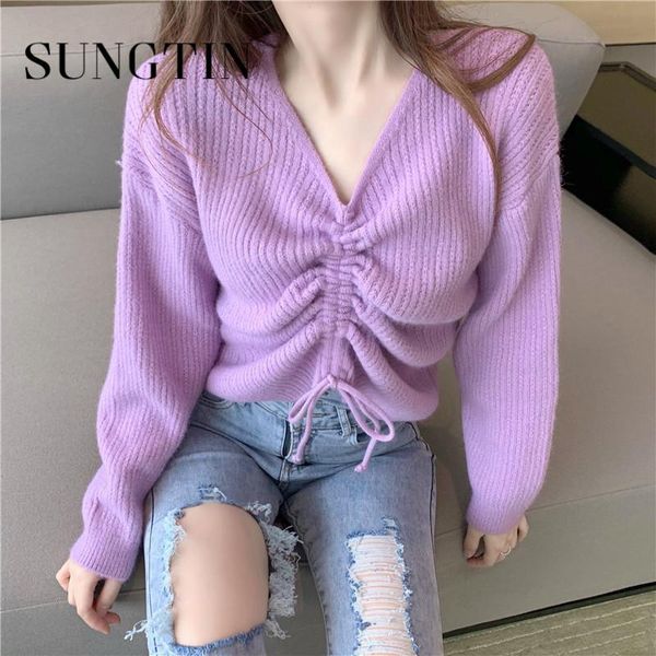 women's sweaters sungtin vintage drawstring elegant woman korean fashion design purple knitted sweater chic outwear pullover, White;black
women's sweaters sungtin vintage drawstring elegant woman korean fashion design purple knitted sweater chic outwear pullover, White;black