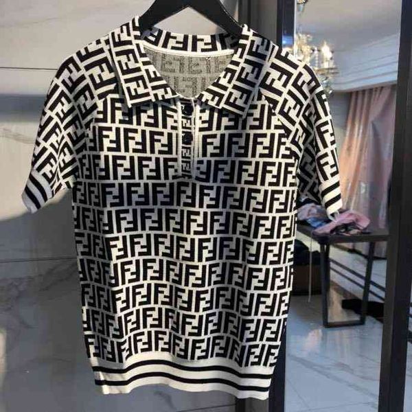 design high version spring and summer new polo collar f letter jacquard sweater ice silk short sleeve top, White
design high version spring and summer new polo collar f letter jacquard sweater ice silk short sleeve top, White
