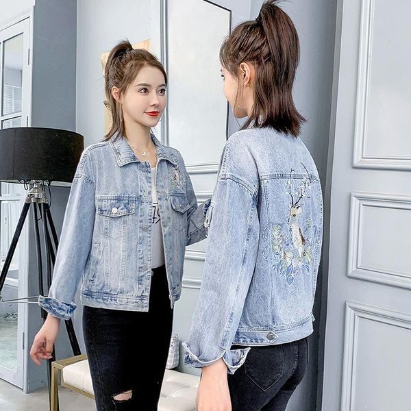 women blue denim jackets autumn spring 2021 korean fashion long sleeve jean jacket embroidery casual street coat female outwear women's, Black;brown
women blue denim jackets autumn spring 2021 korean fashion long sleeve jean jacket embroidery casual street coat female outwear women's, Black;brown