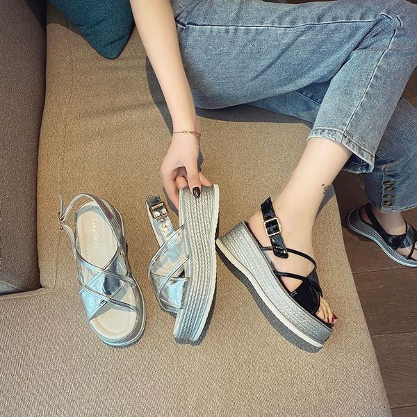 transparent patchwork pu leather muffins sandals women square buckle open toe sandale silver cross band platform sandalias mujer, Black
transparent patchwork pu leather muffins sandals women square buckle open toe sandale silver cross band platform sandalias mujer, Black