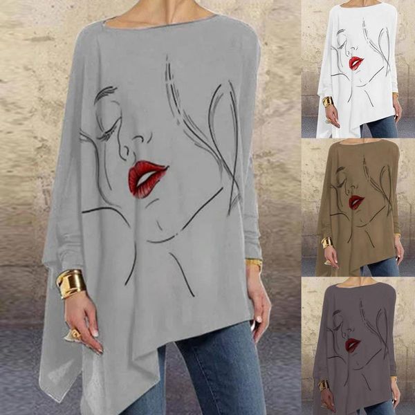 women's t-shirt 2021 european and american fashion round neck retro printing hem irregular bottoming loose casual women, White 
women's t-shirt 2021 european and american fashion round neck retro printing hem irregular bottoming loose casual women, White