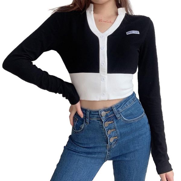 women fashion color block crop stylish long sleeve v-neck for ladies female women's blouses & shirts, White
women fashion color block crop stylish long sleeve v-neck for ladies female women's blouses & shirts, White