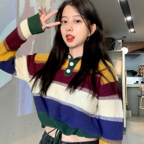 women's sweaters autumn 2021 korean color matching striped short chic drawstring collar women sweater retro, White;black
women's sweaters autumn 2021 korean color matching striped short chic drawstring collar women sweater retro, White;black