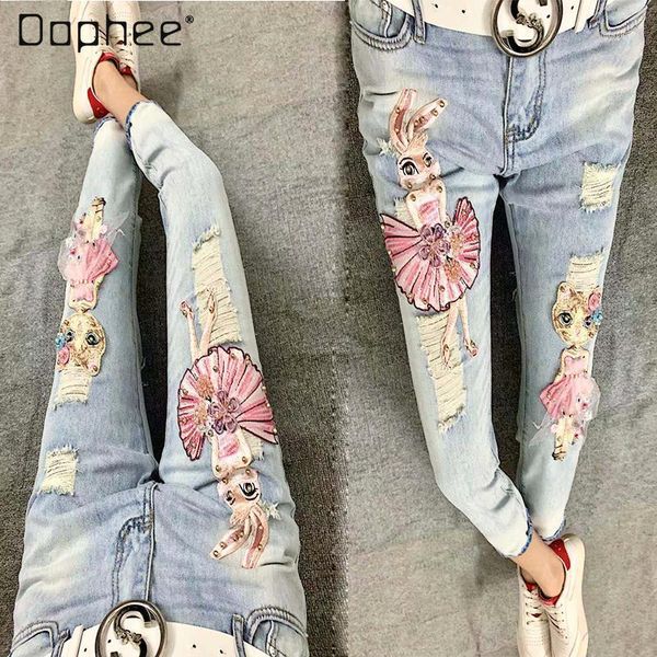 spring and summer fashion cartoon pattern beaded ripped cropped jeans for women women's, Blue
spring and summer fashion cartoon pattern beaded ripped cropped jeans for women women's, Blue